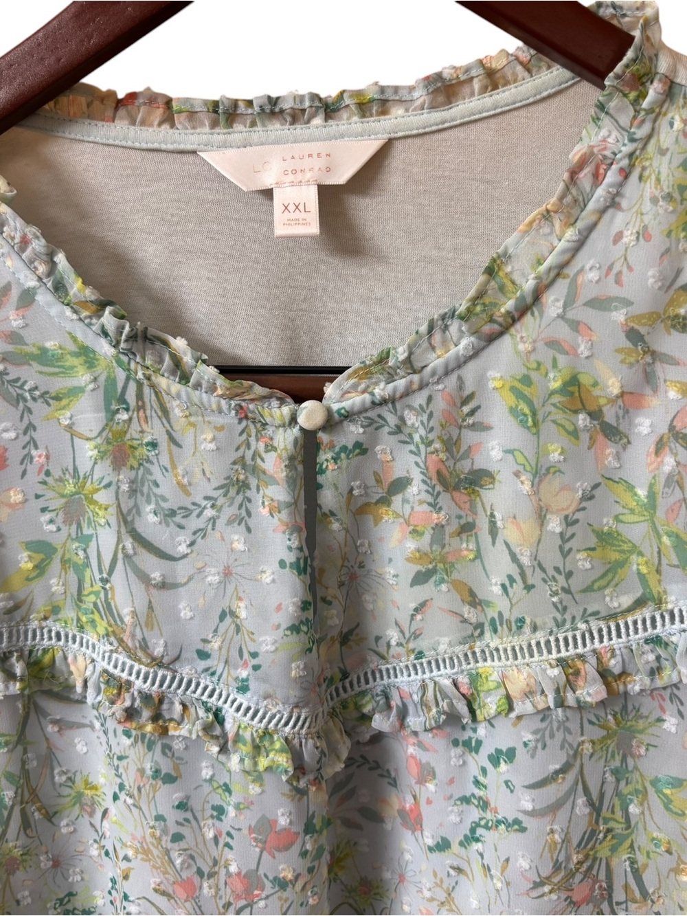 Lauren Conrad LC XXL Blue Floral Ruffle Blouse | Cottagecore Boho Flutter Sleeve - Picture 4 of 7